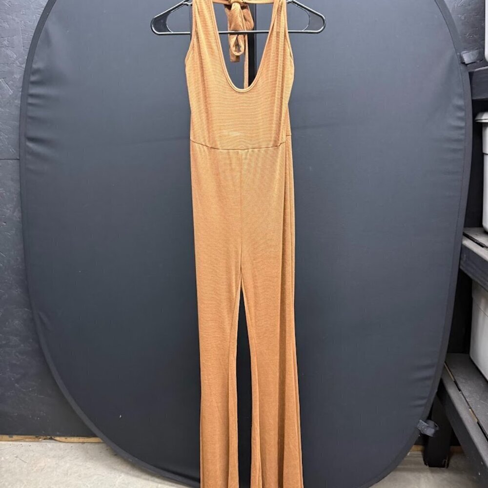 Shein Halter Brown Flare Jumpsuit